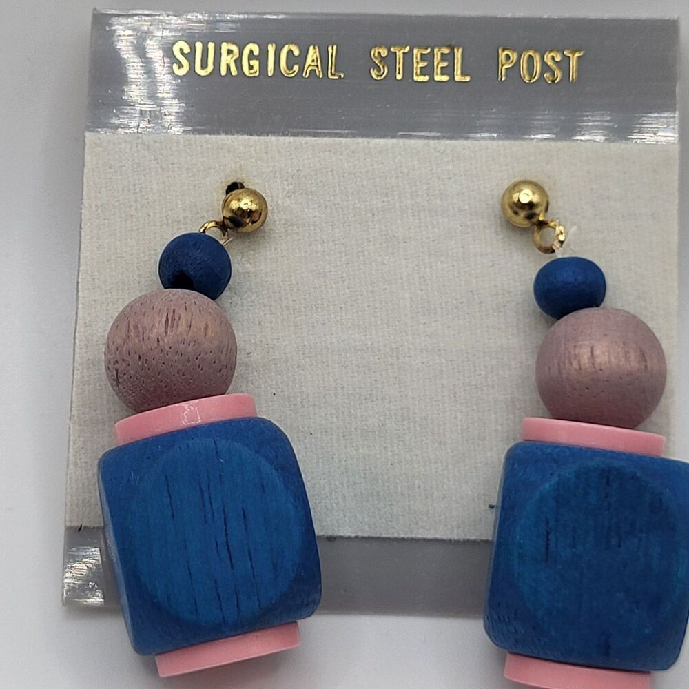 Lot Of 6 Wooden Earrings Blue 1.5in